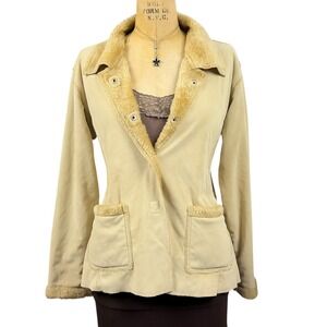 Vintage Faux Fur Trim Jacket Tan Suede Snap Front Cozy Layer Tailored Size M
